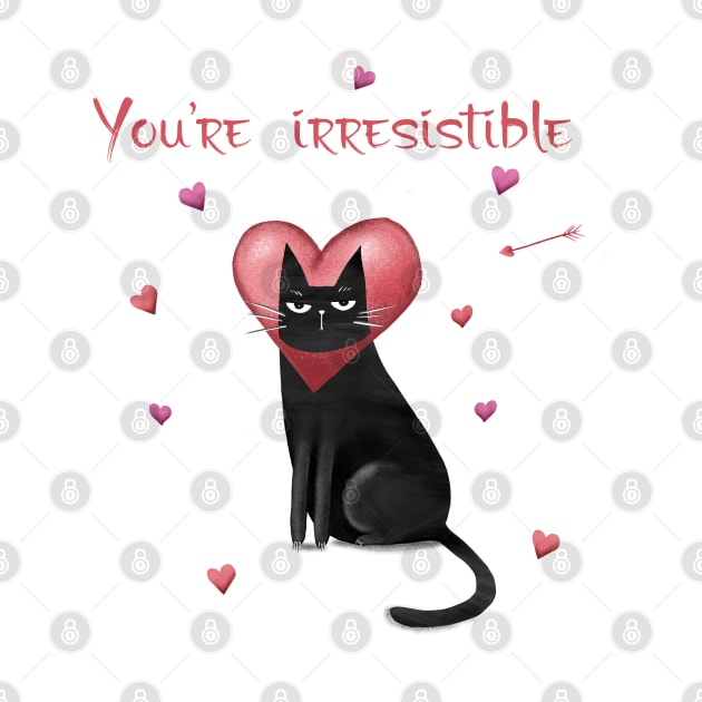 Happy valentines black cat. Cute cat and red hearts. by Olena Tyshchenko