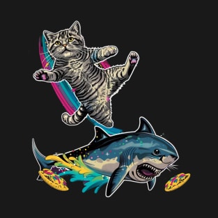 Cat Riding Shark Underwater Adventure T-Shirt