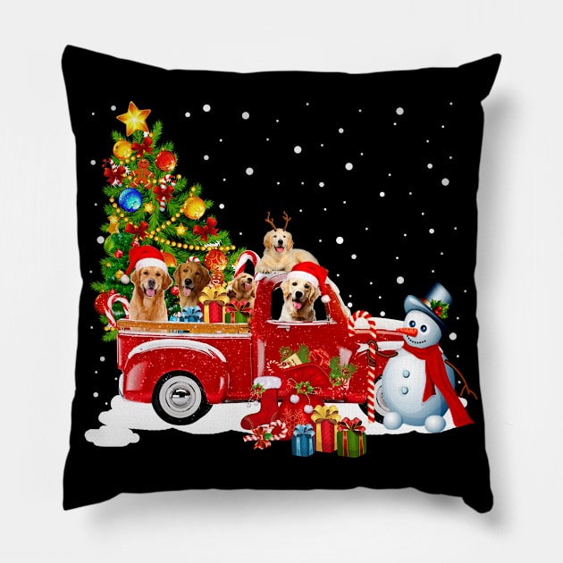 Retriever Dog Christmas On Red Car Truck with Xmas T-Shirt Pillow by kimmygoderteart