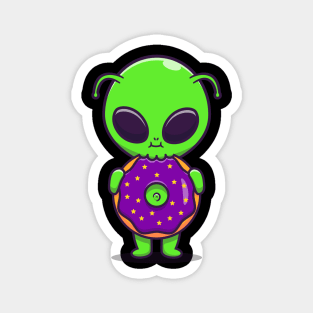 Cute Alien Eating Doughnut Cartoon Magnet