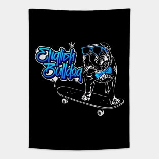 Funny English Bulldog skateboard dog portrait Tapestry