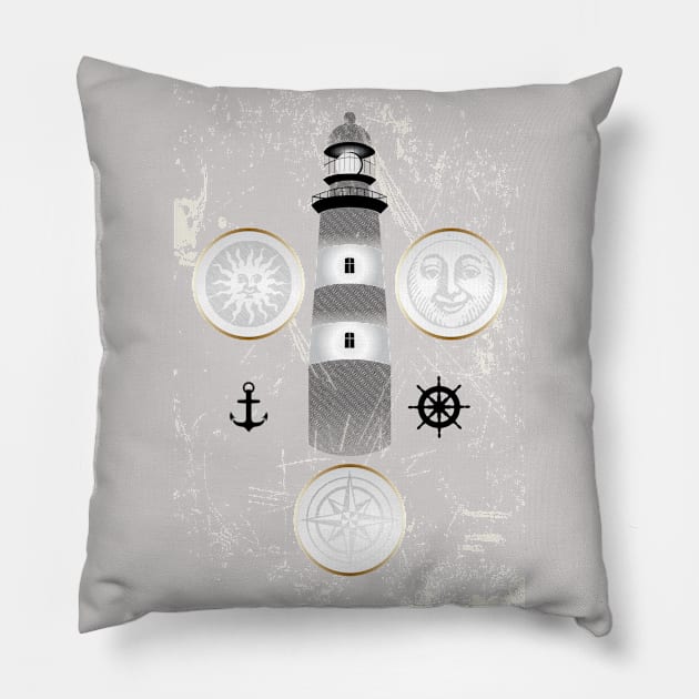 Nautical illustration of sun, moon and lighthouse in retro stamp design Pillow by schtroumpf2510