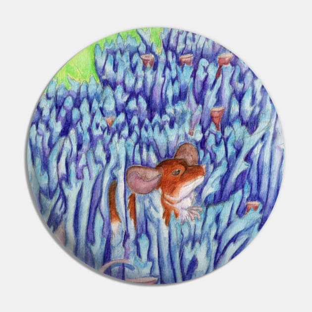 Brown Mouse in Blue Mushroom Pin by YggdrasilWishes