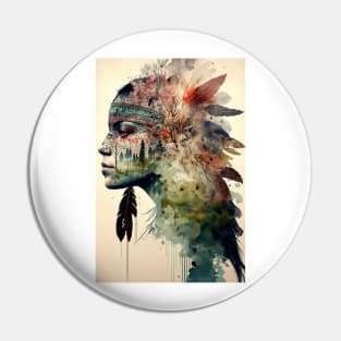 Native American Double Exposure Watercolor Painting Pin