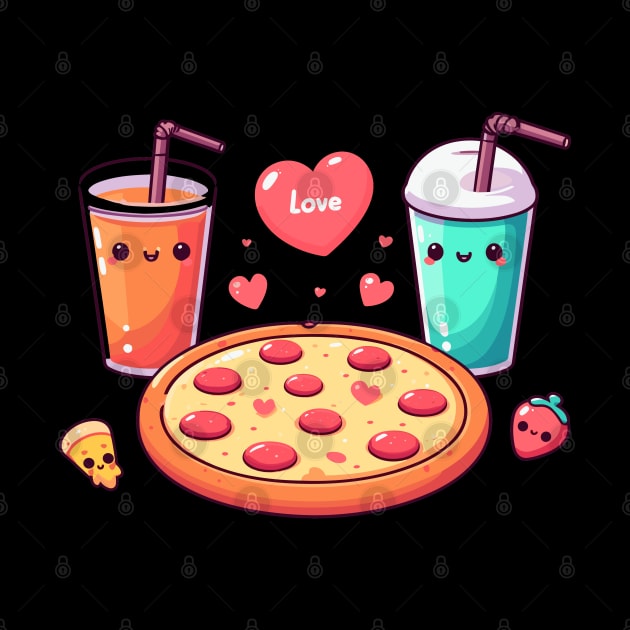 Pizza, Cola Drink and Milkshake in kawaii Style Art | Kawaii Food Lovers by Nora Liak