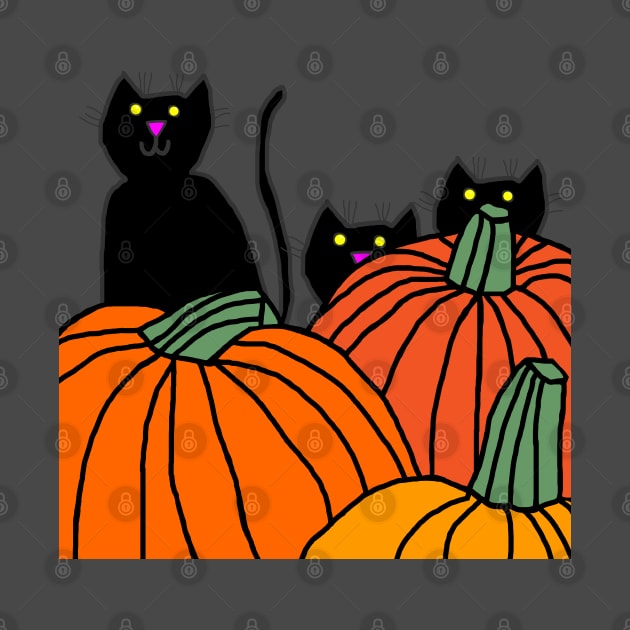 Three Black Cats in the Halloween Pumpkin Patch by ellenhenryart