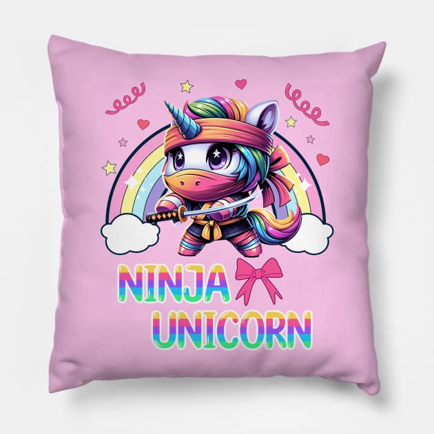 Ninja Unicorn: Rainbow Unicorn in Coquette Aesthetic, Japanese Martial Arts Fighter Pillow by Annie