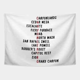 Utah Canyoneering Locations Acrostic (Black) Tapestry