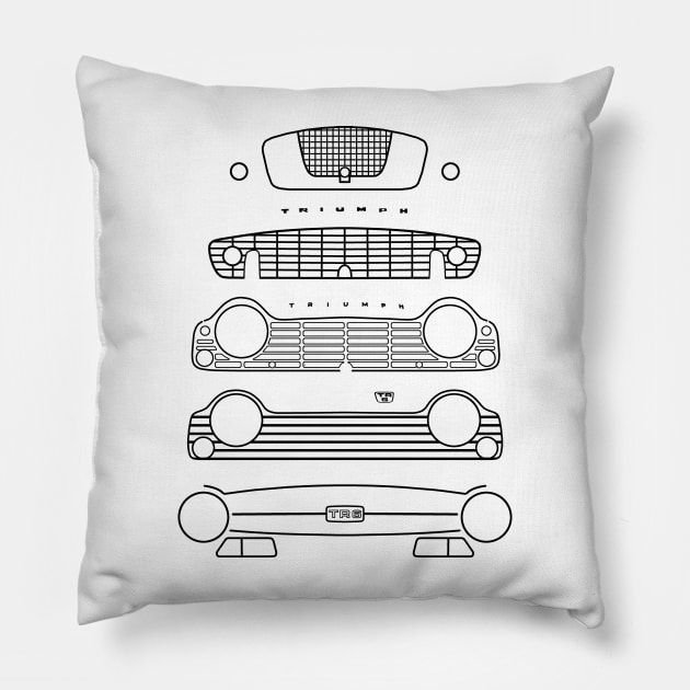 Triumph TR evolution classic 1950s-1960s British sports cars black outline graphic Pillow by soitwouldseem