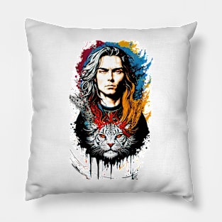 colorful graphic illustration man and angry tiger cats Pillow