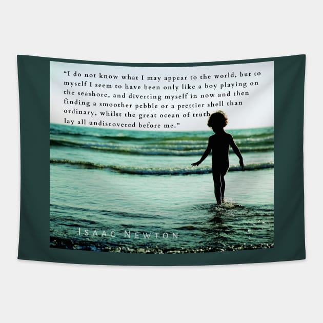 Isaac Newton quote: “I do not know what I may appear to the world, but to myself I seem to have been only like a boy playing on the seashore, and diverting myself in now and then finding a smoother pebble Tapestry by artbleed