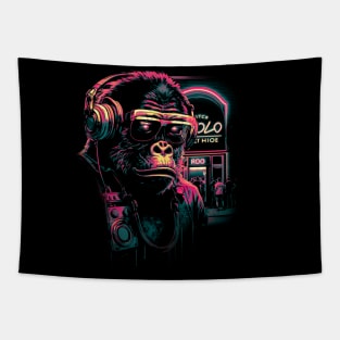 Neon Gorilla with Headphones Tapestry