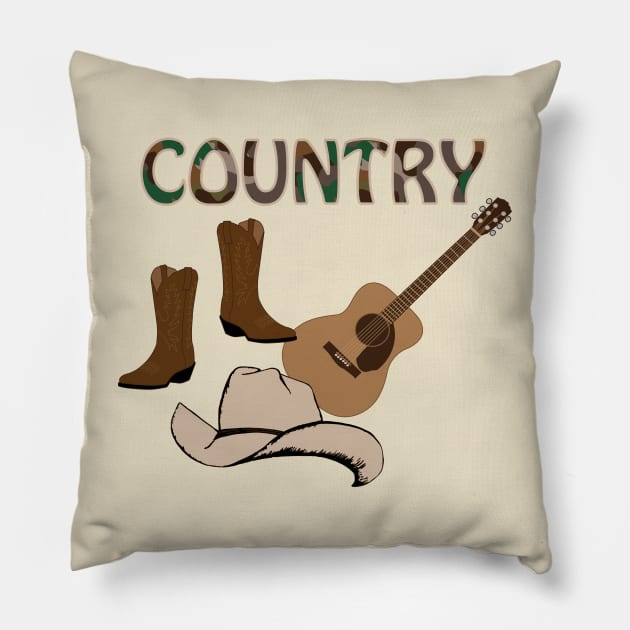 Country, Design, cowboy, cowgirl, boots, guitar, hat Pillow by sandyo2ly