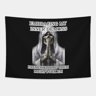 embracing my inner demons, french kissing them, might f*ck em badass skeleton Tapestry
