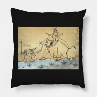 "Hunting time with Elephant" old indian folk art scene | Phad painting Pillow