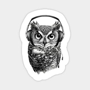 Owl Daring in Black and White Wearing Headphones Magnet