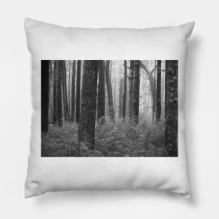 black and white forest with trees in fog Pillow