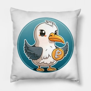 Whimsical Albatross Holding a Crypto Coin Pillow
