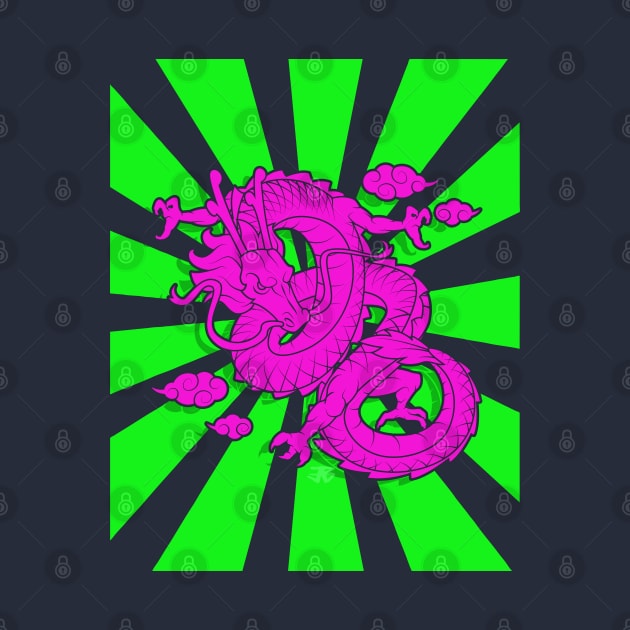 Japanese Dragon Tattoo Style with Rising Sun Japan Flag Vaporwave by EddieBalevo