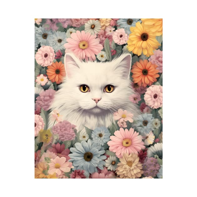 Blooming Beauty: A Whimsical Long-Haired Cat Embraced by Floral Delights by KittyStampedeCo