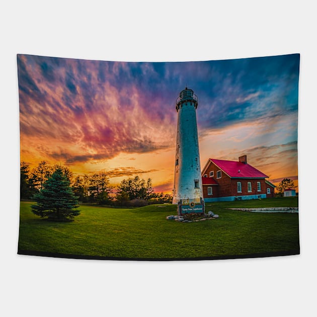 Tawas Point Lighthouse at Sunset Tapestry by ElevatedCT
