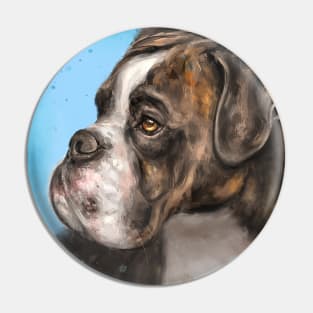 Painting of a Brindled Brown and White Boxer Dog Look to the Side on Blue Background Pin