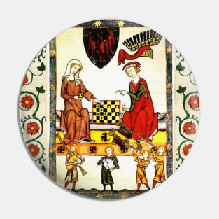 MEDIEVAL CHESS PLAYERS IN COURT WITH RED WILD ROSES Pin