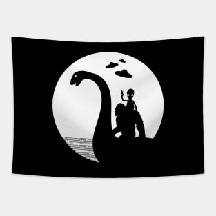 Bigfoot Riding Loch Ness Monster Funny Alien Tapestry