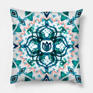 Watercolor Lotus Mandala in Teal & Salmon Pink Pillow