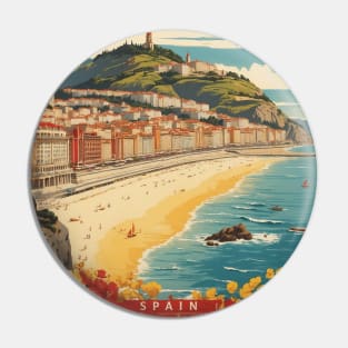 La Concha San Sebastian Beach Spain Travel Tourism Retro Vintage Art Pin