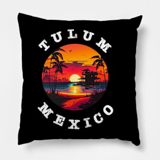 Tulum Mexico Vintage Graphic Retro 70s Sunset Beach Pillow