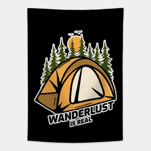 Wanderlust Is Real - Tent in Forest With Black Text Design Tapestry