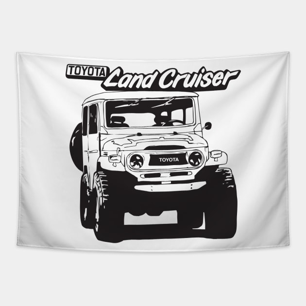 Hand-Drawn FJ40 Toyota Landcruiser Badge Black Tapestry by Bulloch Speed Shop