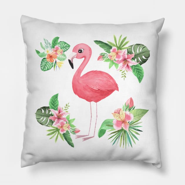 Cute Pink Flamingo Tropical Flowers Pillow by FunnyMoonCosmic