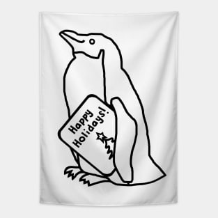 Cute Christmas Penguin says Happy Holidays Line Drawing Tapestry