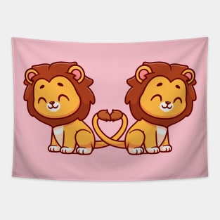 Cute Lion Couple With Love Heart Tail Cartoon Tapestry