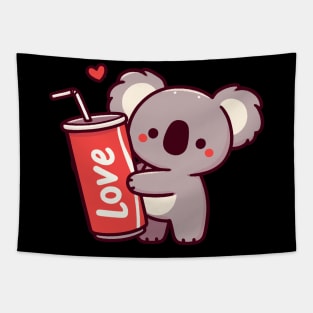 Cute koala holding a soda can and drinking a cola, koala bear art with a heart, koala lover Tapestry