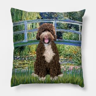 Monet's Lily Pond Bridge Adapted to Include a Portuguese Water Dog Pillow