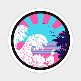 Japanese Vaporwave Neon Ocean Sunset with Palm Trees Magnet