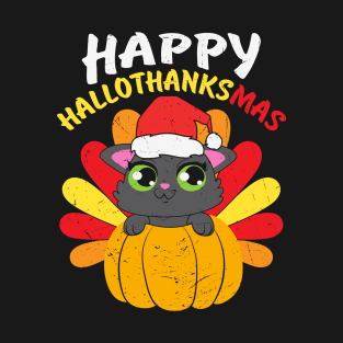 Happy Hallo Thanksmas Cute Cat Wearing Santa Hat Pumpkin Turkey Gift T-Shirt