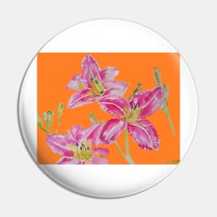 Pink Lily Flower Watercolor Painting Pattern - on Orange Pin