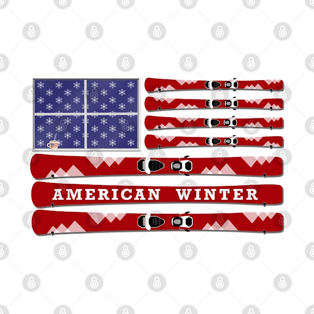 American Winter - skis and snowflakes USA flag - white background by kinocomart