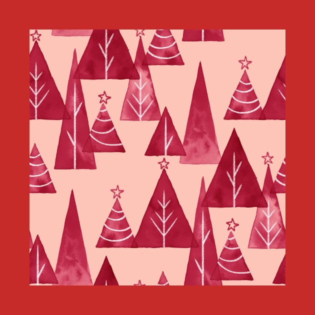 Blush and Red Watercolor Christmas Trees by Carolina Díaz