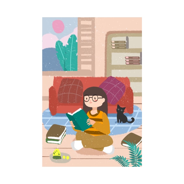 Reading Girl And Cat At Home by MariaStore