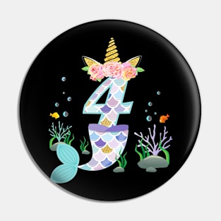 Kids 4 Year Old Unicorn Mermaid Birthday Theme Tail Girl 4Th Pin