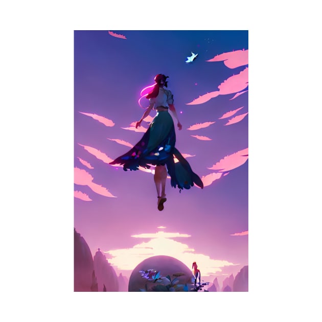 Flying Anime Girl Pink Clouds Sky Landscape by Trendy-Now
