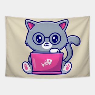 Cute Cat Working On Laptop Tapestry