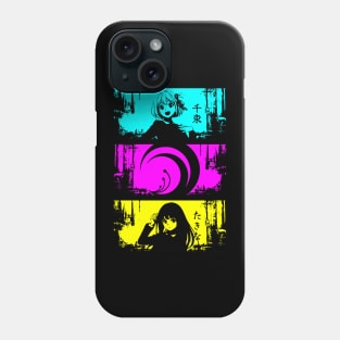 Lycoris recoil anime characters Chisato nishikigi and Takina inoue with lycoris recoil logo and their names in japan text Cyan Magenta Yellow Grunge distressed design Phone Case