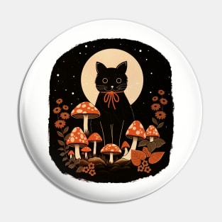 Black Cat with Mushrooms Pin