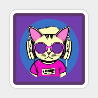 Cat With Headphones Purple And Pink Magnet